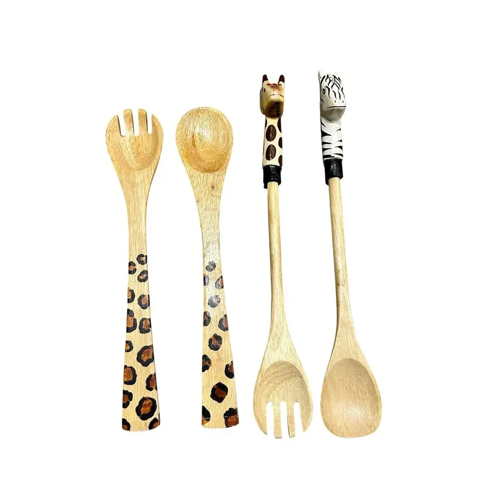 4pc Hand-Carved African Safari Wood Salad Servers - Giraffe, Zebra, Cheetah